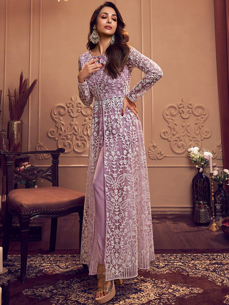 Floral Embroidered Keyhole Neck Long Sleeve High Slit Thread Work Kurta Set-2