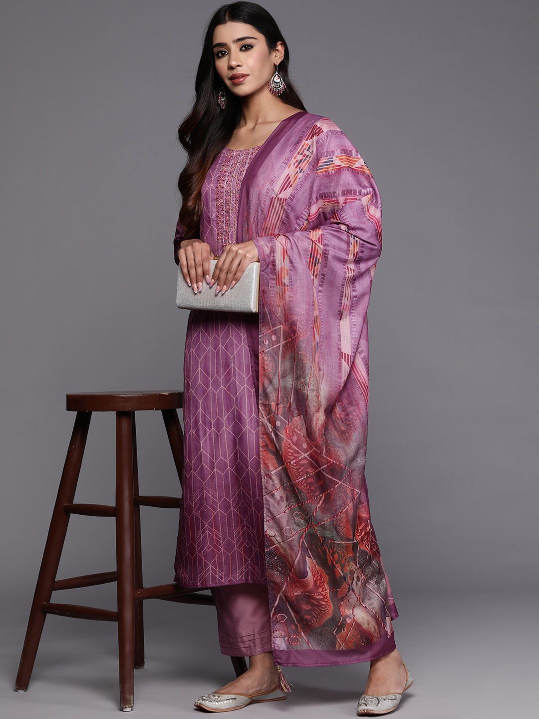 Women Peach-Coloured Floral Yoke Design Thread Work Kurta with Trousers & With Dupatta-8
