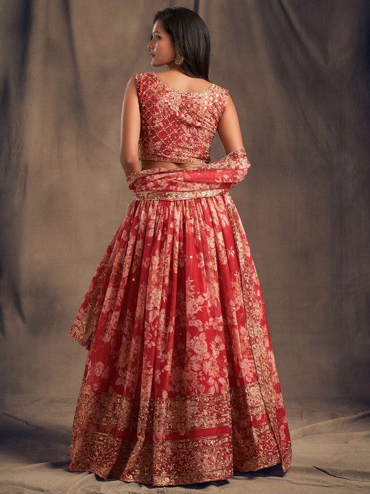 Red & Gold-Toned Embroidered Sequinned Shibori Semi-Stitched Lehenga & Unstitched Blouse With-3