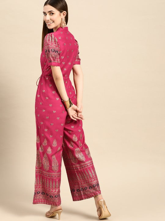 Women Pink & Golden Ethnic Motifs Printed Basic Jumpsuit-2