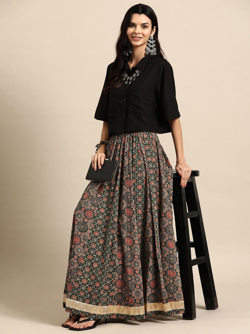 Floral Printed Pure Cotton Flared Maxi Skirt-11