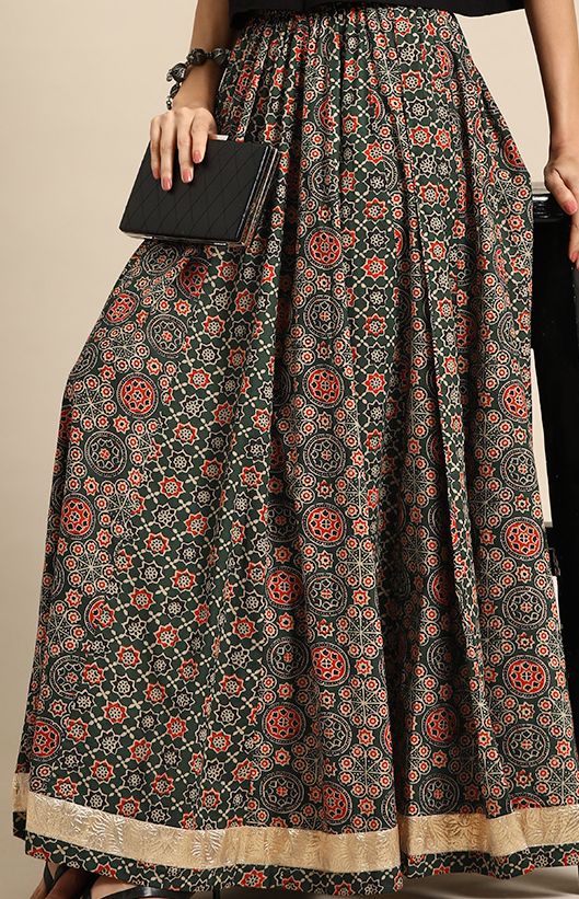 Floral Printed Pure Cotton Flared Maxi Skirt-12