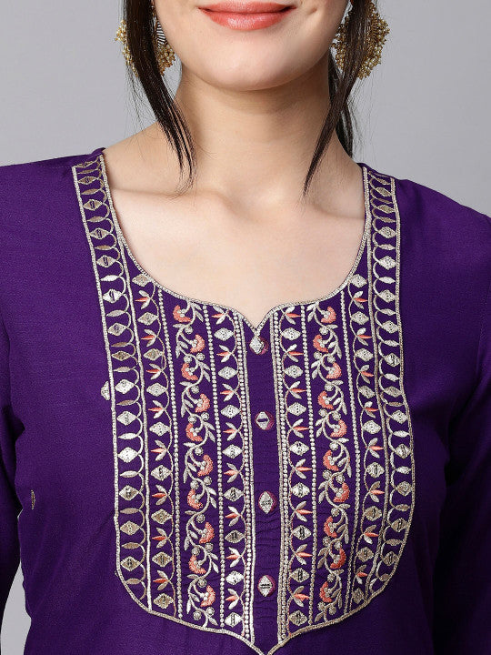 Women Ethnic Motifs Embroidered Regular Kurta With Trousers & Dupatta-12