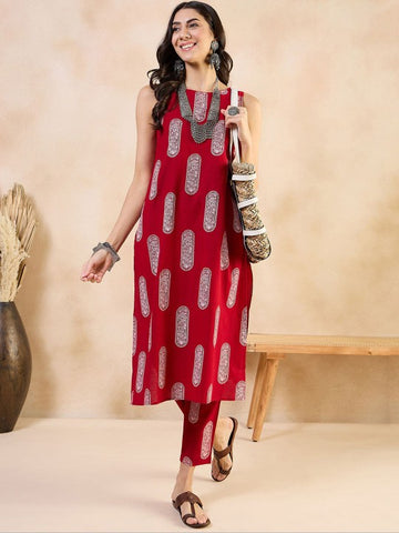 Ethnic Motifs Printed Boat Neck Regular Pure Cotton Straight Kurta With Trousers