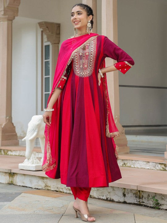 Ethnic Motifs Embroidered Zari Pure Silk Anarkali Kurta With Trouser & Dupatta-4