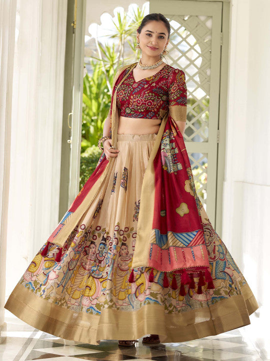 Kalamkari Printed Ready to Wear Lehenga & Unstitched Blouse With Dupatta-3