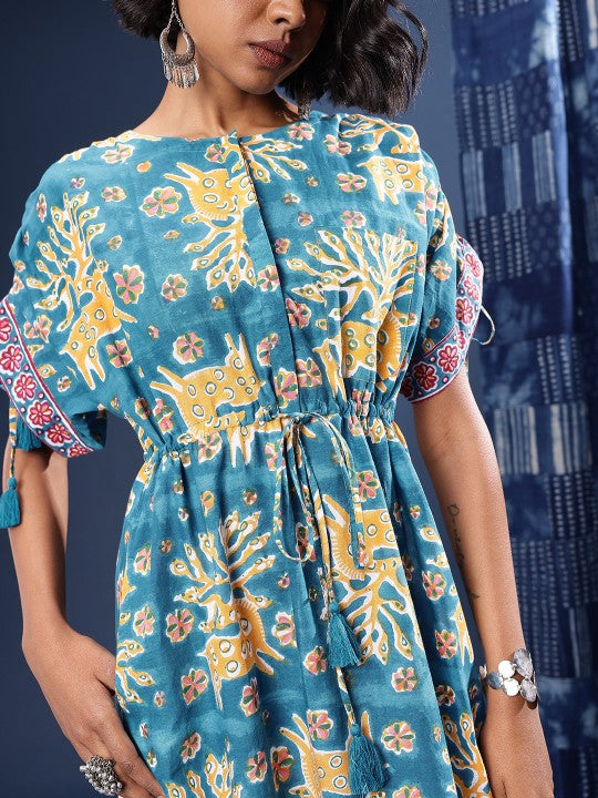 Pure Cotton Printed Tie Up Waist A-Line Sanganeri Ethnic Dress With Side Slit