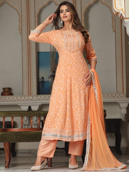 Floral Printed Mirror Work Anarkali Kurta & Trousers With Dupatta-1