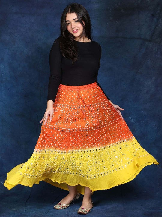 Paprika And Lemon Bandhani Tie-Dye Pure Cotton Skirt with Large Sequins
