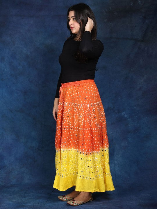 Paprika And Lemon Bandhani Tie-Dye Pure Cotton Skirt with Large Sequins-3