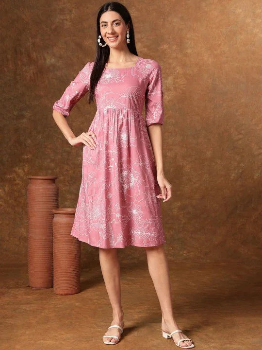 Blue & White Floral Square neck Fit N Flare Dress