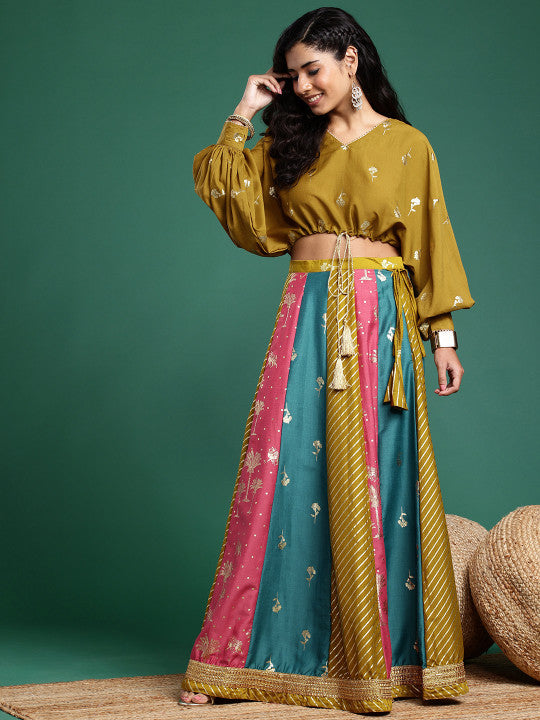 Foil Printed V-Neck Dolman Sleeves Ready to Wear Lehenga Choli