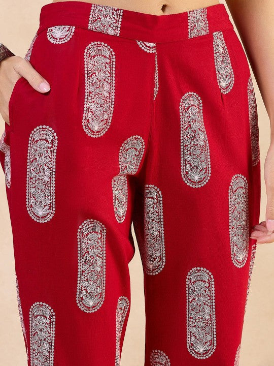 Ethnic Motifs Printed Boat Neck Regular Pure Cotton Straight Kurta With Trousers-6