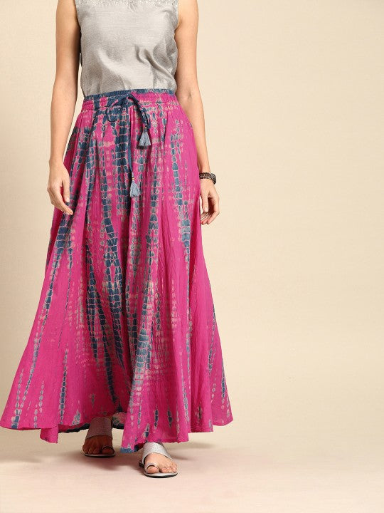 Pink and Blue Dyed Maxi Pure Cotton Flared Skirt-1
