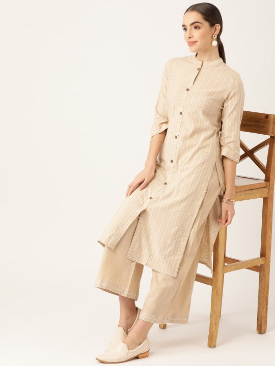 Women Beige Pure Cotton Striped Kurta with Palazzos-2