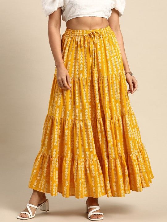 Floral Printed Tiered Flared Maxi Skirt-2