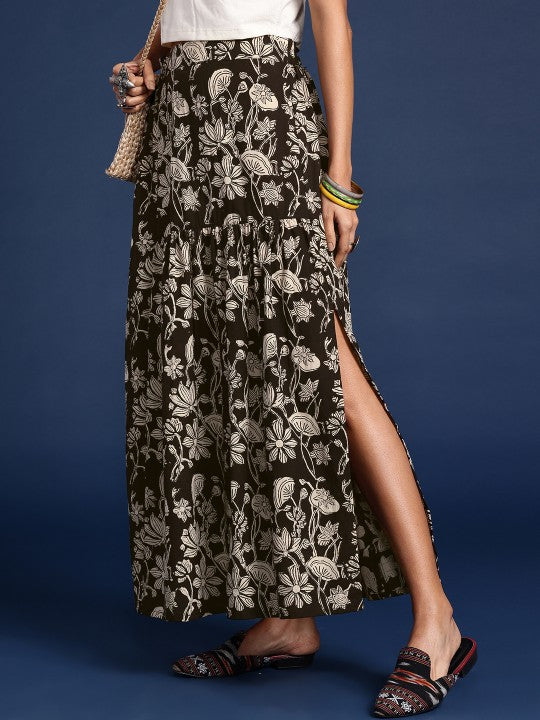 Floral Printed Cotton Maxi Flared Skirt-1
