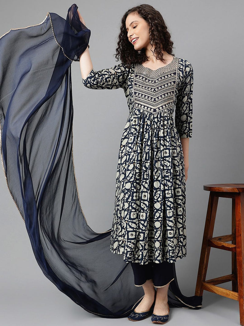 Printed Empire Thread Work Kurta with Palazzos & With Dupatta-1