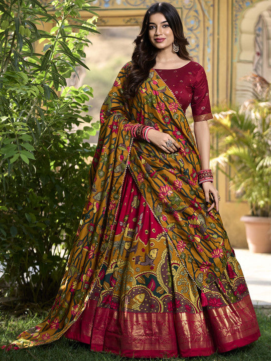 Printed Kalamkari Ready to Wear Lehenga & Unstitched Blouse With Dupatta-16
