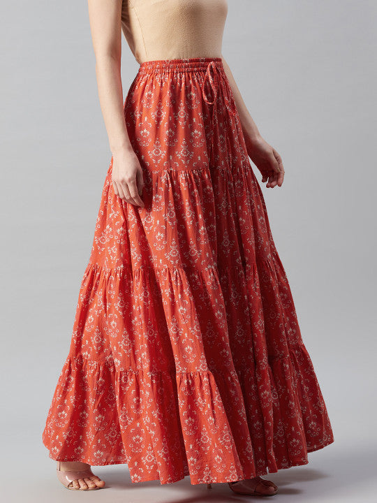 Floral Printed Tiered Flared Maxi Skirt-12