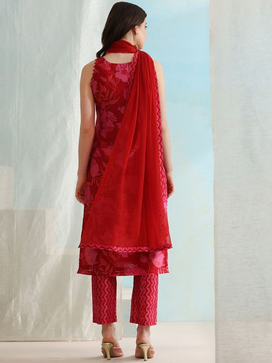 Floral Printed Straight Kurta with Trousers & Dupatta