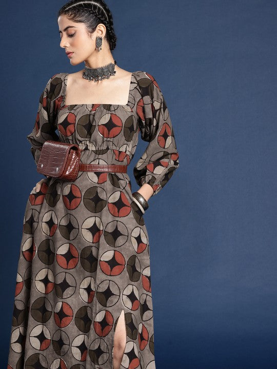 Dabu Geometric Printed A-Line Pure Cotton Midi Ethnic Dress-2