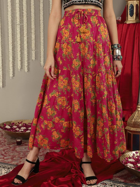 Women Pink & Mustard-Yellow Printed Tiered Skirt With Lace Detailing-1