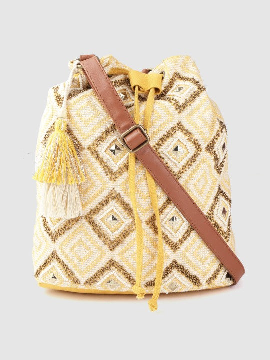 Women Yellow & Off-White Embellished Sling Bag-4