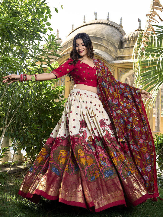 Printed Kalamkari Ready to Wear Lehenga & Unstitched Blouse With Dupatta-9