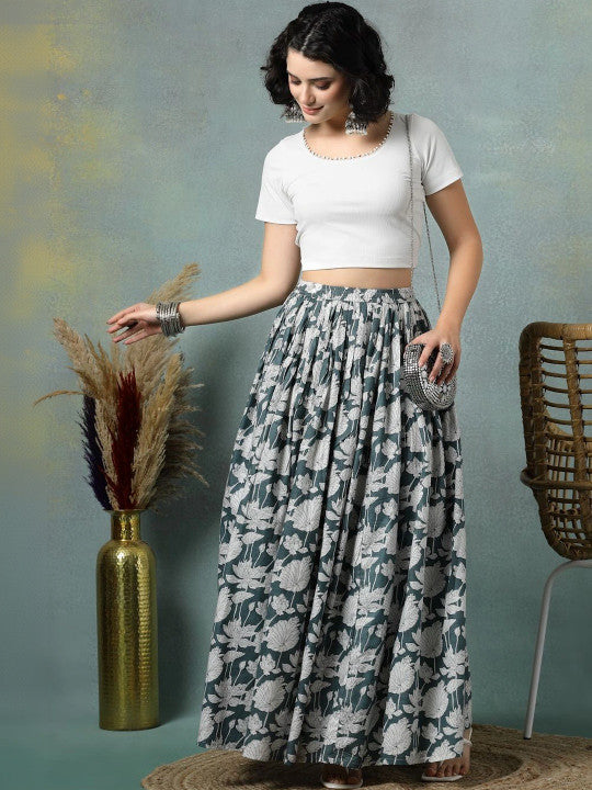 Women Pure Cotton Blend Cotton Cambric Floral Maxi Flared Skirt-1