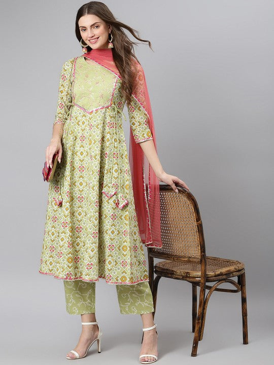 Women Green & Pink Printed Pure Cotton Kurta with Palazzos & Dupatta-1