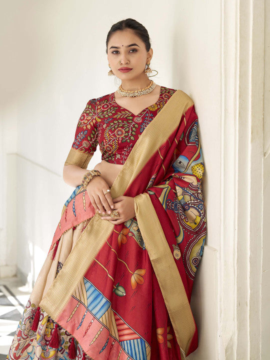 Kalamkari Printed Ready to Wear Lehenga & Unstitched Blouse With Dupatta-2
