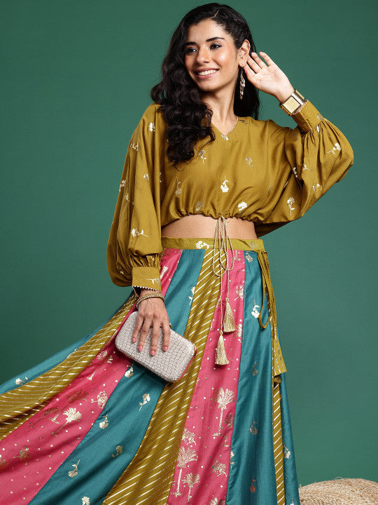 Foil Printed V-Neck Dolman Sleeves Ready to Wear Lehenga Choli-1