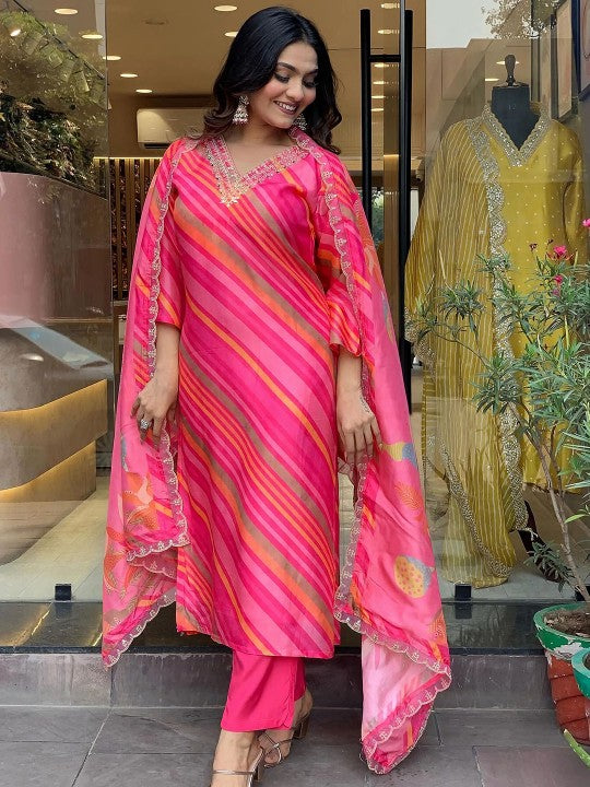 Leheriya Printed Sequinned Pure Silk Kurta with Trousers & Dupatta