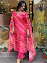 Leheriya Printed Sequinned Pure Silk Kurta with Trousers & Dupatta