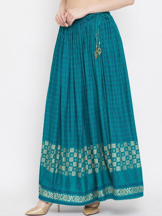 Women Teal Blue & Gold-Colored Geometric Printed Flared Maxi Skirt-4