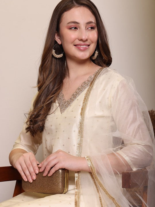 Floral Woven Design V-Neck Straight Kurta With Trouser & Dupatta-4