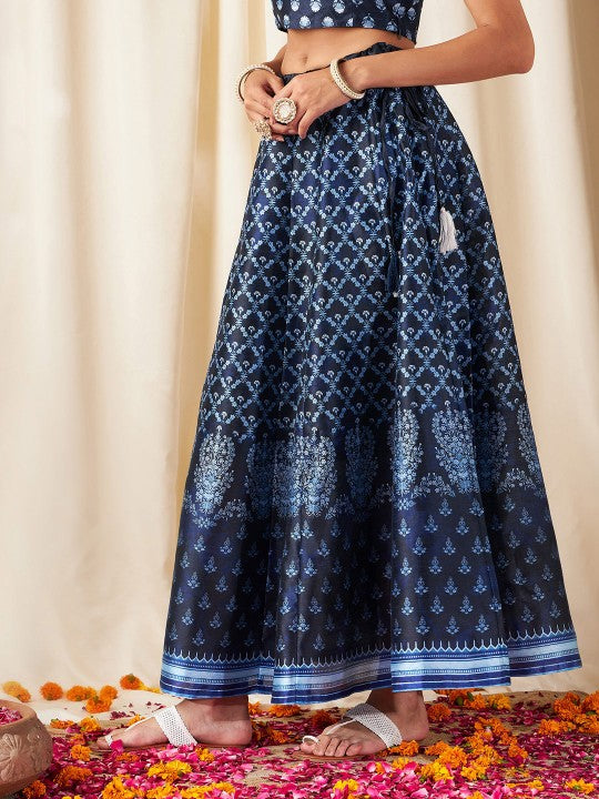 Women Deep Navy Blue Floral Skirt-3