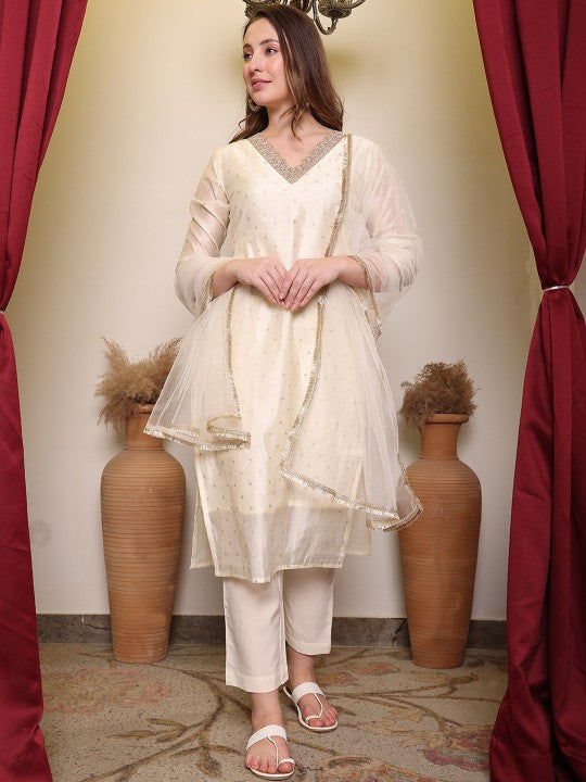 Floral Woven Design V-Neck Straight Kurta With Trouser & Dupatta-5