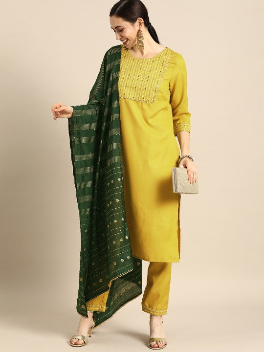 Women Mustard Yellow Yoke Design Foil Printed Kurta with Trousers & Dupatta-1