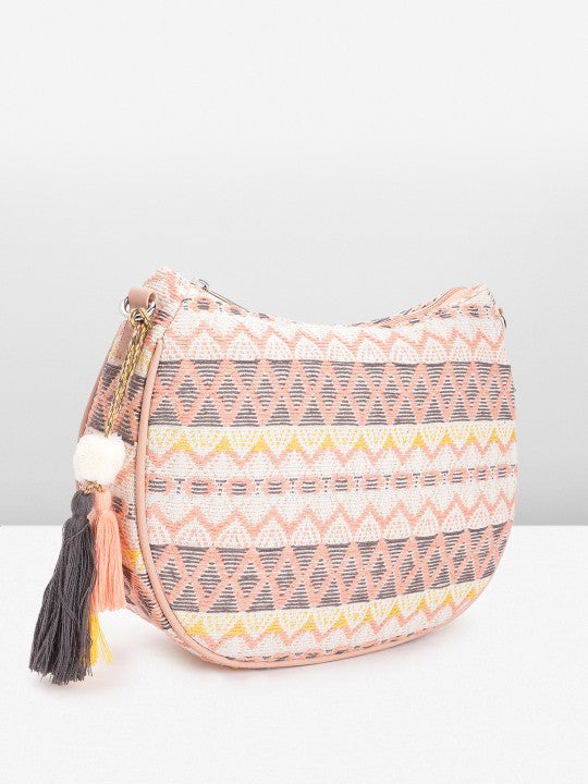 Textured Self Design Half Moon Sling Bag with Tasselled Detail-2
