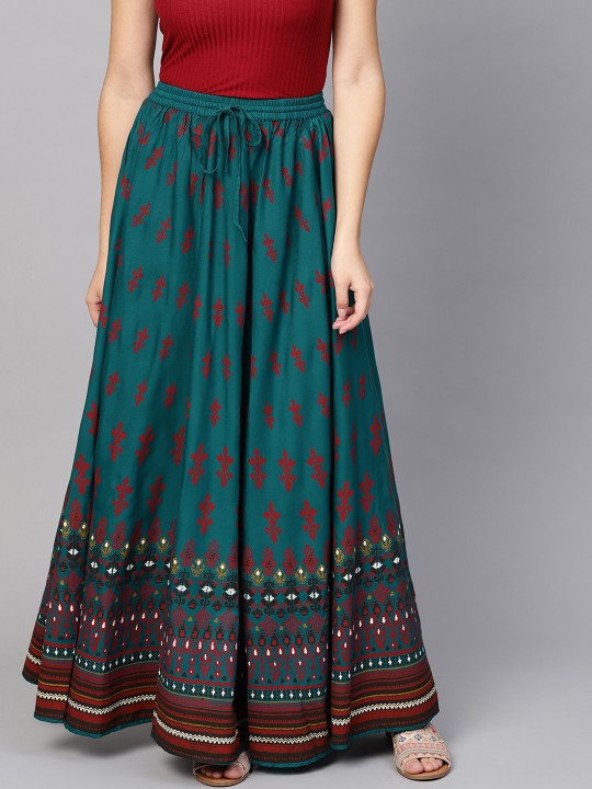 Anayna Teal Blue & Red Printed Flared Maxi Skirt-4