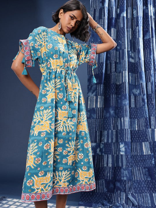 Pure Cotton Printed Tie Up Waist A-Line Sanganeri Ethnic Dress With Side Slit-1