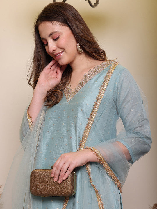 Floral Woven Design V-Neck Straight Kurta With Trouser & Dupatta-7