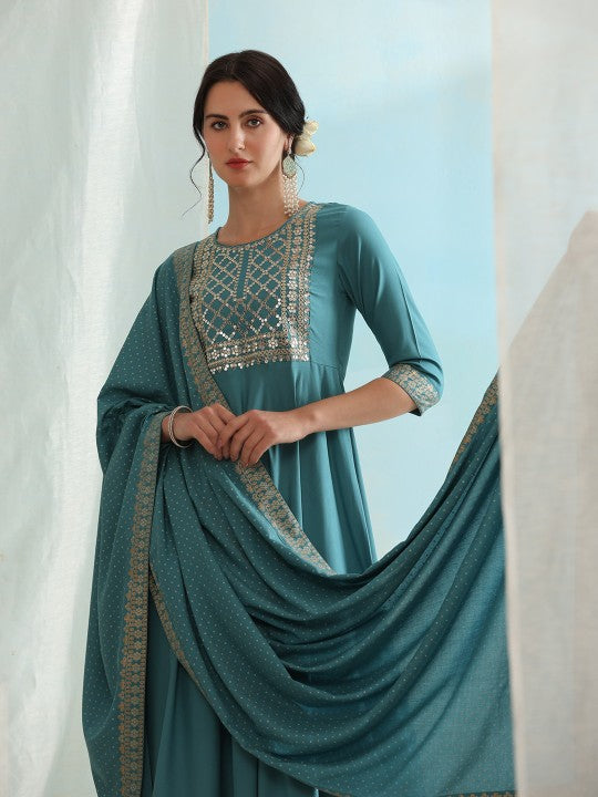 Embroidered Regular Sequinned Kurta with Palazzos & Dupatta-5