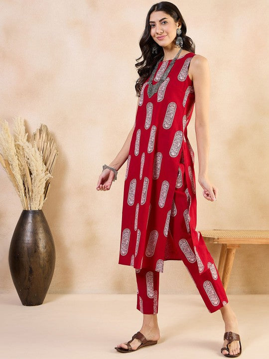 Ethnic Motifs Printed Boat Neck Regular Pure Cotton Straight Kurta With Trousers-5