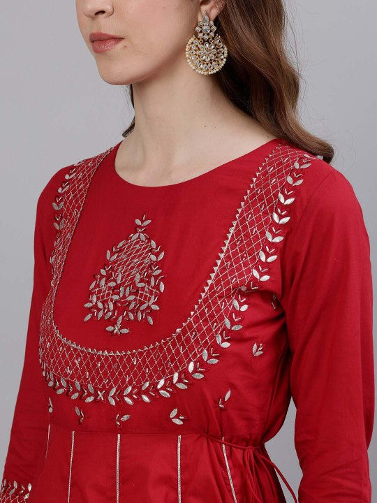 Women Red & Silver Gota Patti Embellished Maxi Dress-2