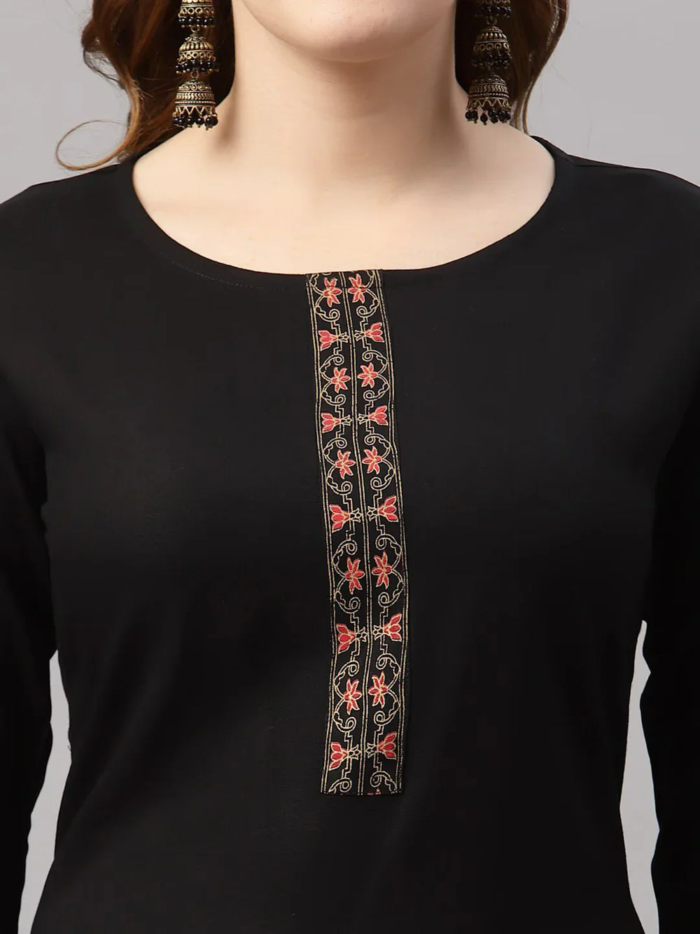 Women Black Kurta with Trousers & With DupattaKurta SetsThis stylish three-piece ensemble comprises a straight-shaped kurta with three-quarter sleeves, offering a classic and comfortable fit for daily wear. The solid pattWomen Black Kurta