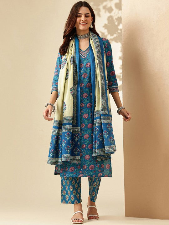 Floral Printed Regular Pure Cotton Kurta With Trousers & Dupatta-1
