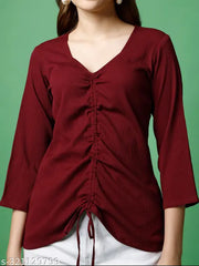 Women's Maroon Polyester Casual Regular Top With V-Neck & Three-Quarter Sleeves